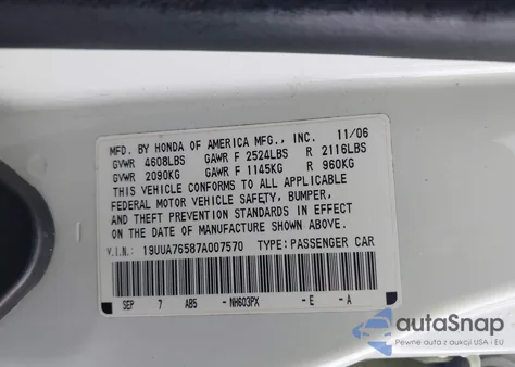2007 Acura Tl Type S из США, поврежденный, VIN 19UUA76587A007570